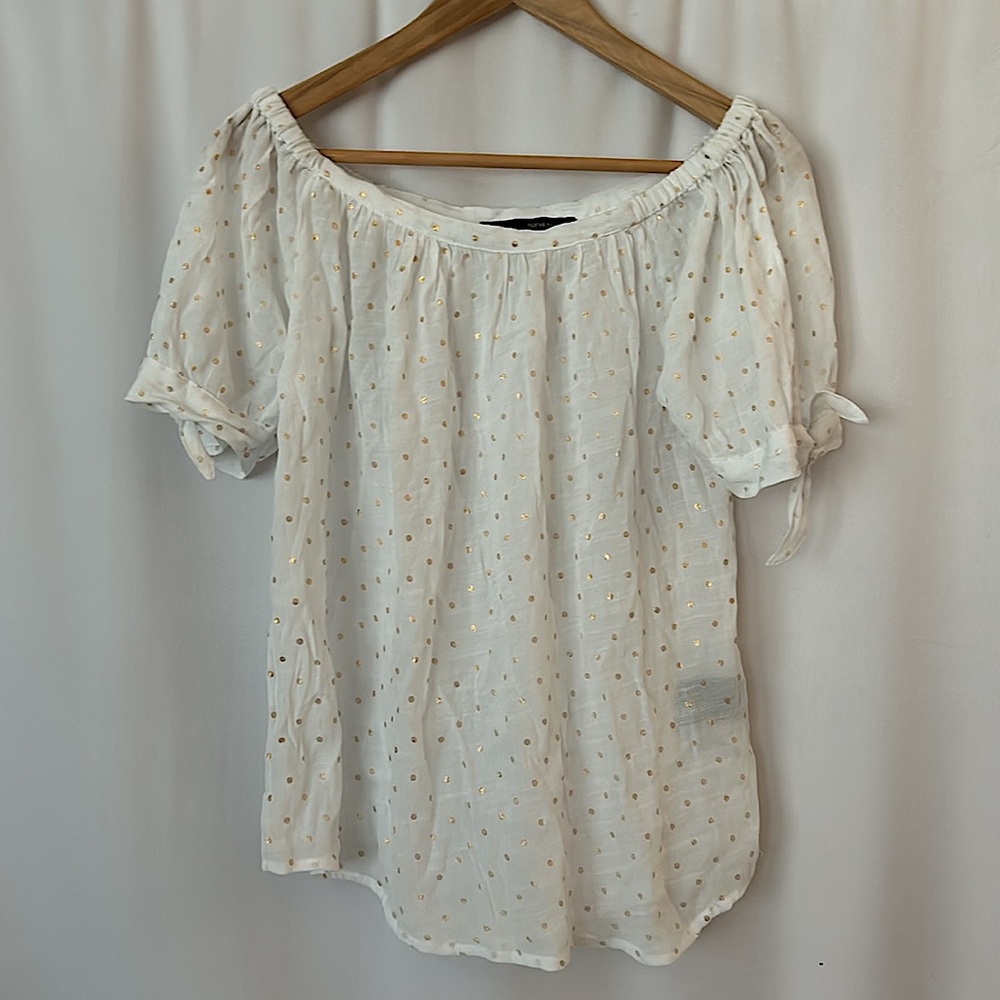 Harve’ Benard White Gold Dotted Short Sleeve Off Shoulder Shirt Top **Sz S** - Picture 1 of 4